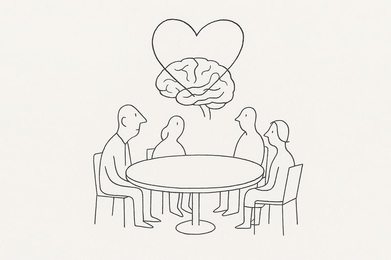 Herz überlagert ein Gehirn über einem runden Tisch mit schemenhaften Personen; zeigt, dass Empathie in Teams oft wirksamer ist als reine Brillanz.